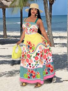 Slaydiva Casual Plus Size Women Design Sense Loose Fruit Print Camisole Loose Waist Ruffled Hem Print Dress