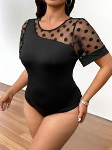 Calvaya 大码圆领圆点网眼不对称拼接柔软针织休闲紧身衣，适合户外和通勤