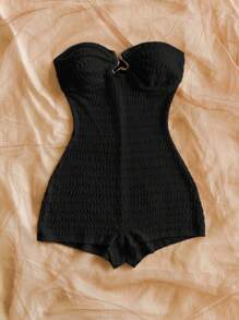 SHEIN WYWH 黑色纹理镂空度假休闲连体衣 - 黑色 - 查看 3