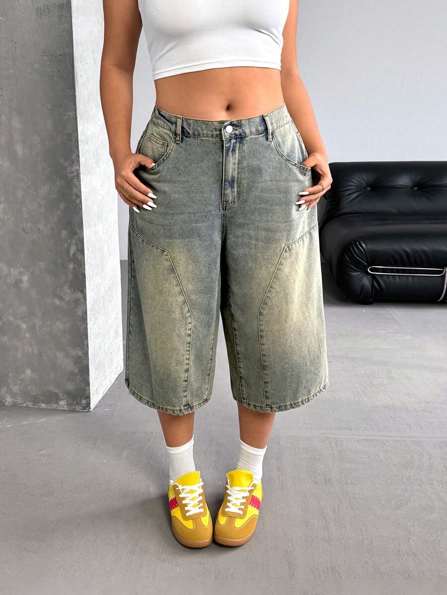 SHEIN ICON Vintage Distressed Loose Baggy 7/10 Length Jeans