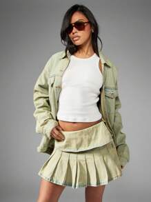MISSGUIDED Pleated Denim Mini Skirt Y2K Aesthetic School Girl Tennis Style High Waist Fold Over Waistband Preppy Streetwear Skateboard Spring Fall College A Line - Green - View 1