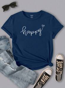 EMERY ROSE T-shirt casual à manches courtes pour femmes grandes tailles avec imprimé cœur et lettrage, t-shirts graphiques joyeux - Bleu marine - Voir 1