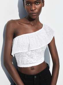 Maija 2025 White Summer Elegant Date Casual Asymmetrical Shoulder Apricot Crochet Rose Crop Top,Music Festivals Beach Vacations Outings Parties Weddings - White - View 7