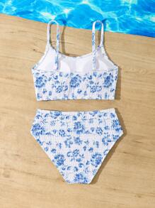 SHEIN Tween Girls' Floral Print Halter Bikini Set - Blue and White - View 2
