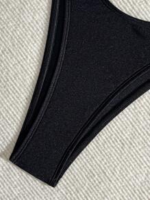 Women Spring Solid Ruched Thick Strap Metal Starfish High Cut Beach Swimwear Sets For Summer Beach Vacation - Black - View 4