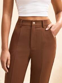 HIBA Dark Brown Solid Color High Waist Gold Button Asymmetric Slit Flared Pants Women's Pants Petite Casual Women Summer Clothes - Brown - View 5