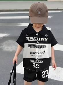 2pcs/Set Baby Boy Black & White Printed Shirt With Matching Shorts,Racing Style Graphic Street Fashion,Summer Street Life Casual Beach Outfit - Multicolor - View 1