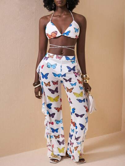 Zivah Summer Leisure Vacation Music Festival Halter Neck Strap Bra Waist Strap Top Side Ruffle Fit Flared Trousers Colorful Butterfly Print Mesh White Women's Two-Piece Set-A