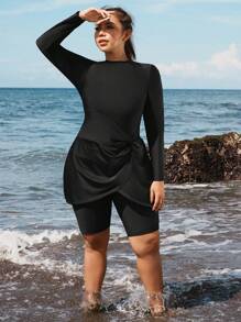 SHEIN Bộ đồ bơi Burkini dài tay màu trơn cỡ lớn và quần short, tối giản và thời trang cho mùa hè - màu đen - Xem 4