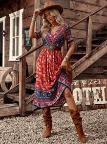 LanaWest 波西米亚风格印花 V 领短袖中长连衣裙 - 彩色 - 查看 6