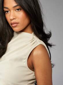 MISSGUIDED Sleeveless High Neck Crop Top With Ruffle Detail Elegant Evening Office Workwear Tank Summer Spring Fashion Essential Wedding Guest Party Top - Apricot - View 6