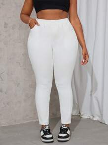 SHEIN SXY Plus Size Solid Color Elastic Skinny Jeans - White - View 4