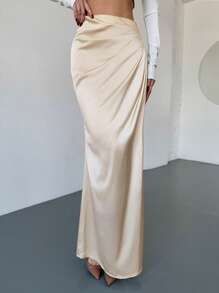 Firerie 优雅浪漫纯色缎面长裙，简约设计，适合约会、工作、百搭、春夏演唱会狂欢女性、毕业典礼、女性教师、返校 - 杏色 - 查看 5