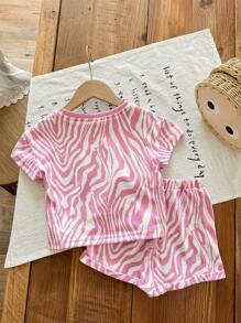 SHEIN LMoss Kids Babygirl Casual Knit Zebra Pattern Color Block Short Sleeve T-Shirt And Elastic Waist Shorts Set, Suitable For Summer