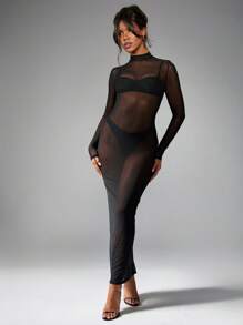 MISSGUIDED Long Sleeve Sheer Mesh High Neck Midaxi Bodycon Dress Club Party Evening Elegant Split Back Overlay Special Occasion Night Out - Black - View 6