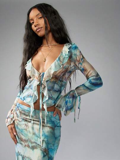 MISSGUIDED 水彩印花网眼荷叶边长袖裁剪上衣节日波西米亚夏季海滩派对领带正面透明衬衫Y2K时尚度假装