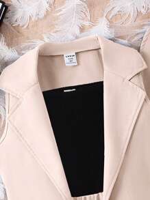 SHEIN Elladie kids 3 件套年轻女孩商务套装：黑色针织罗纹吊带背心上衣、背心夹克、短裤 + 帽子，儿童办公室通勤装 - 卡其色 - 查看 3