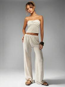 MISSGUIDED 条纹针织Co-Ord套装Bandeau上衣阔腿裤Resort Wear Vacation夏季沙滩装家居服套装休闲两件套搭配套装 - 杏色 - 查看 5
