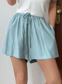 DAZY 女式纯色口袋简约宽松轻便短裤睡眠短裤 - 藍色 - 查看 6