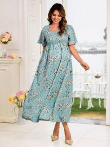 SHEIN Maternity Ditsy Floral Comfortable Dress, Summer - Mint Green - View 4