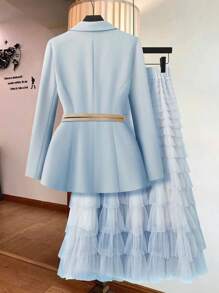 DreamSkyne 大码女士商务正装套装，修身 A 字型分层网眼裙和夹克，适合工作，春夏季 - 藍色 - 查看 2