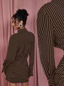 SHEIN X ELOISA & ORSON COSMINA Vestido camisa casual de manga larga con botones, pliegues y rayas para mujer