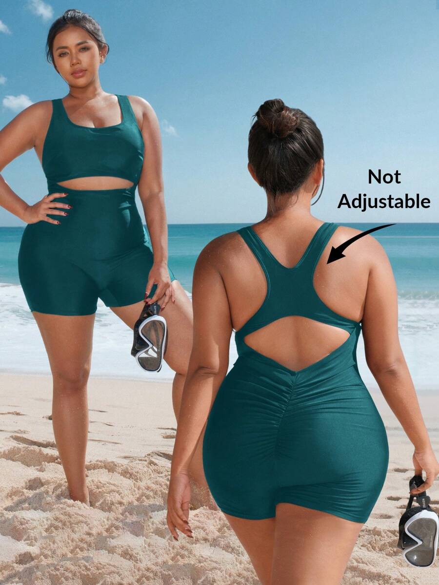 SHEIN Swim SPRTY 大码连体泳衣，纯色简约风格，适合夏季 - 墨綠色 - 查看 1