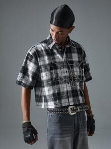 NEON BLANC Men Stylish Street Grid Pattern Rhinestud Spider Web Embroidery Short Sleeve Woven Shirt , Plaid Shirt - Black and White - View 3