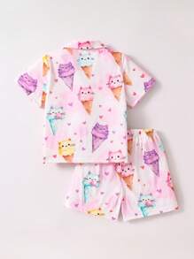 两件套女童彩色独角兽印花开襟短袖短裤舒适睡衣套装，女童两件套，女童短袖上衣和短裤睡衣，儿童睡衣 - 彩色 - 查看 3