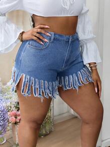 Plus Size Women Non-Stretch Ripped Hem Denim Shorts, Versatile And Sexy Women Summer Outfits Vacation - Light Wash - View 6