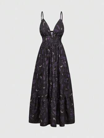 Goth Retro Mond & Pflanzen Vollmotiv Trägerkleid