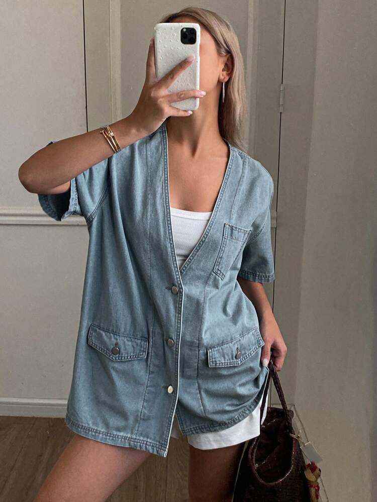 1pc Women's Short Sleeve V-Neck Denim Jacket And Coat