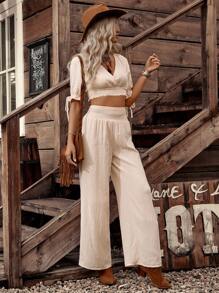LanaWest Country Music Festival Women's Vacation Shirred Top + Wide Leg Shirred Pants Bohemian Set - Apricot - View 1
