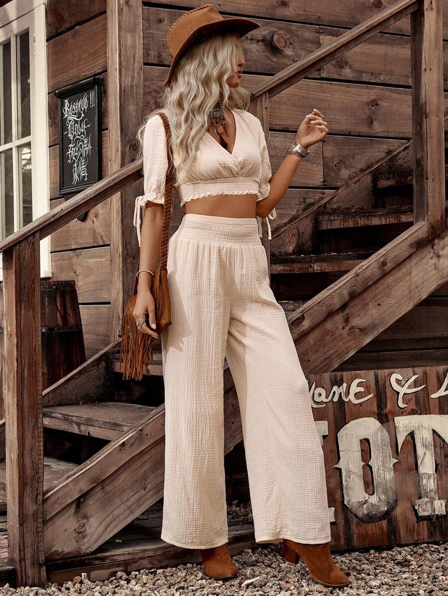 LanaWest Country Music Festival Women's Vacation Shirred Top + Wide Leg Shirred Pants Bohemian Set - Apricot - View 1
