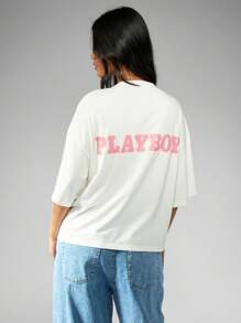 Missguided x Playboy Oversized T-Shirt Half Sleeve Streetwear Loungewear Casual Pink Bunny Logo Cotton Blend Urban Fashion Everyday Essential Spring Summer - White - View 2