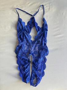DAZY Lace Sheer Deep V Back Sexy Jumpsuit - Blue - View 9