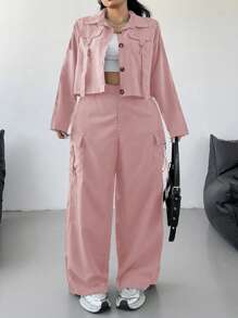 POPSWAY Bộ vest 2 món tiện dụng thường ngày cỡ lớn có túi thắt eo - Bụi hồng - Xem 3