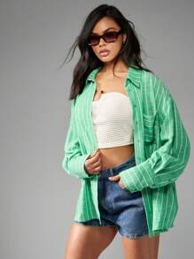 MISSGUIDED Chemise boutonnée rayée oversize, manches longues, Top décontracté, couvre-tout de plage pour le printemps et l'été, vacances, coupe ample, col chemisier, Noël - Vert - Voir 1