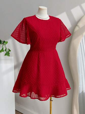 SHEIN Privé 大码舒适休闲优雅假日海滩度假浪漫波尔卡圆点提花镂空荷叶边袖 A 字型百搭日常连衣裙，适合女士，春夏