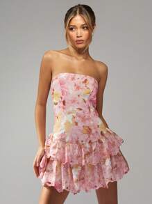 MISSGUIDED Floral Broderie Anglaise Mini Dress Strapless Tiered Ruffle Summer Party Wedding Guest Spring Eyelet Lace Garden Party Easter Brunch - Pink - View 7