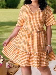 SHEIN EZwear Orange Plaid Short Sleeve V-Neck Plus Size Dress, Casual Vacation Summer /Spring,Elegant Vacation Outfits Woman Casual Wedding Guest Dress, Sun Dress