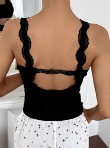 DAZY Women's Lace Patchwork Backless Built-In Padded Fitted Camisole Top - Black - View 6