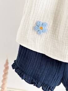 Cozy Pixies 2 件装女婴花卉压花领泡泡袖套头衫和松紧腰长裤套装 - 彩色 - 查看 4