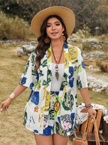 SHEIN LUNE Conjunto informal de 2 piezas con diseño abstracto: pantalones cortos de cintura elástica y Top holgada, conjunto veraniego vaquero talla grande para mujeres para graduación, primavera, verano, vacaciones, estilo bohemio, Pascua