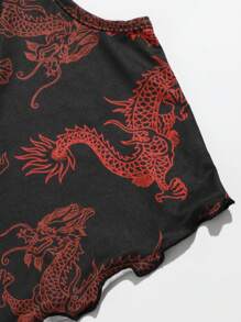 SHEIN EZwear Dragon Print Lettuce Trim Crop Tank Top