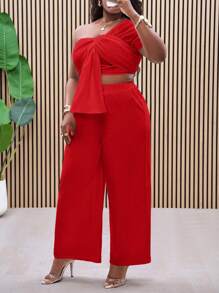 Slaydiva 2pcs Plus Size Set White Solid Color Off Shoulder Top And Long Pants, Casual & Stylish For Everyday Wear - Red - View 3