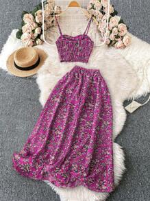 SHEIN LUNE 2pcs Plus Size Women's Ditsy Floral Camisole Top And Mini Skirt Set For New Year Clothes - Hot Pink - View 2