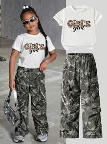 Young Girl - Leopard Print Letter Graphic Crew Neck Short Sleeve T-Shirt & Tree Branch Print Cargo Pants Set