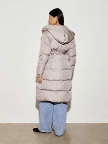 AiiRZ Metallic Quilted Long Puffer Coat Insulated Hooded Winter Outerwear Belted Wrap Warm Overcoat Mid-Length Alternative Padded Snow Coat - Light Grey - View 2