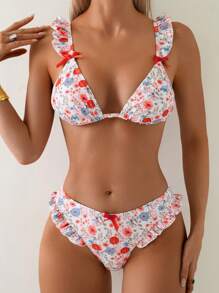 SHEIN 2025 New Women 2 Pieces Bikini Set Set With Random Floral Print, Ruffled Hem & Bow Accent, Sexy Triangle Bikini Top And Bottom, For Beach Resort Vacation In Summer